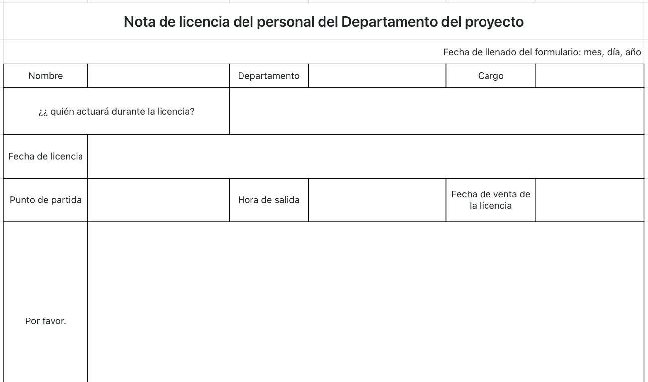 Nota de licencia del personal del Departamento del proyecto